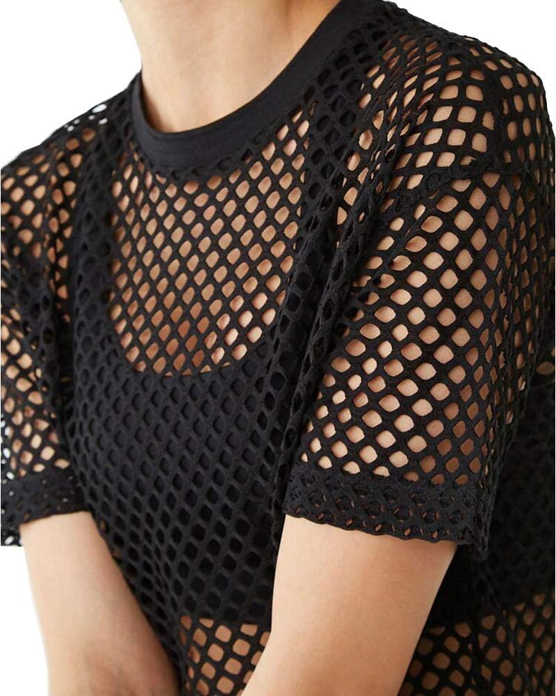 CLOZOZ Women's Mesh Crop Top See Through Fishnet Shirt Short Sleeve Crew Neck Sheer Cover Up - Image 3